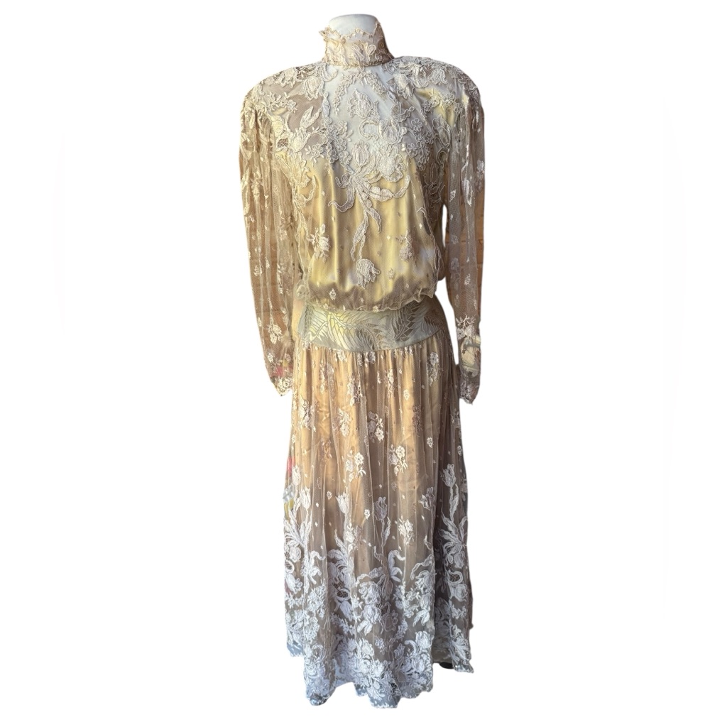 1970s/Early 80s Janis Chicago Lace, Edwardian Revival Style Maxi Dress